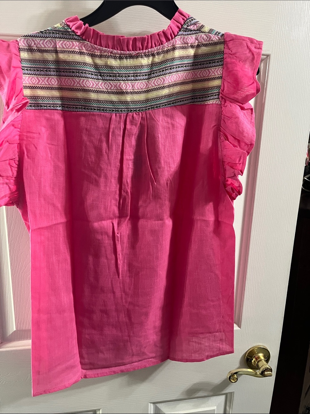 Women’s Umgee Hot Pink Ruffle Sleeve Blouse with Patterned Trim. - Picture 3 of 4